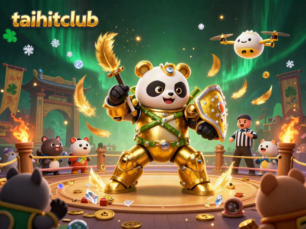 Experience the thrilling gameplay of taihitclub with vibrant 3D action featuring a golden panda robot in a lively casino arena.
