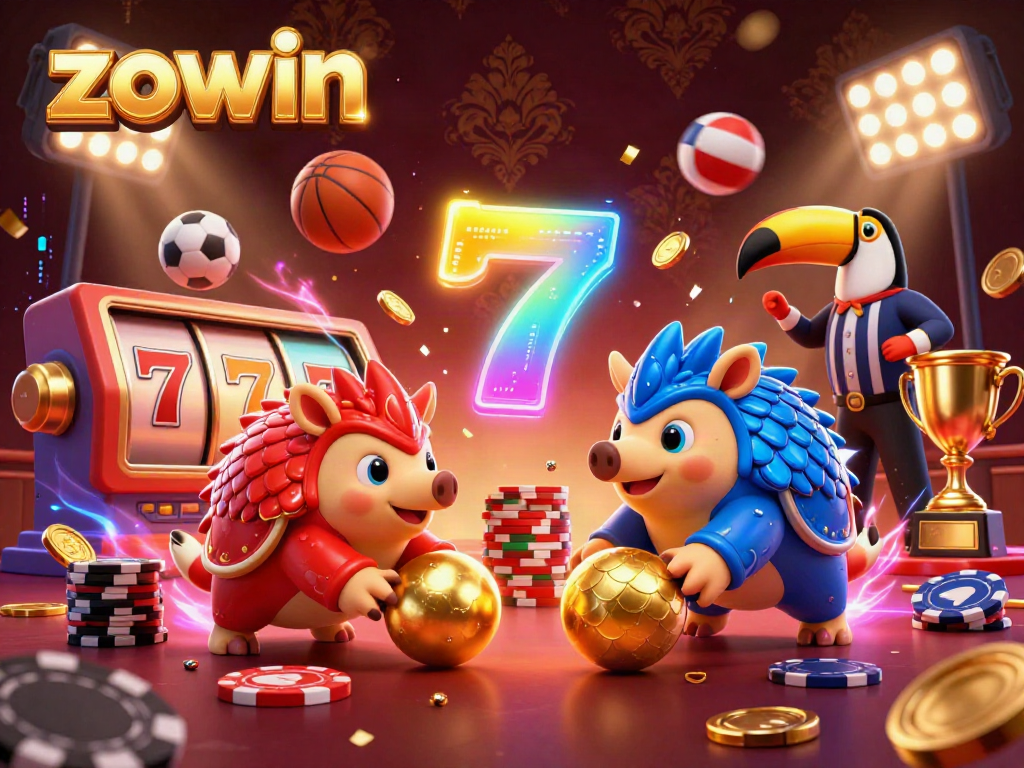 Experience exhilarating gaming at zowin with rival pangolins battling through poker chips in a dynamic casino illustration.