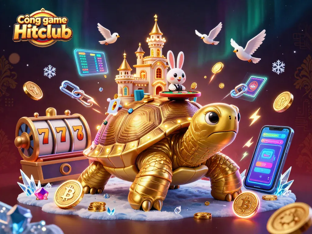 Play exciting games at Cổng game Hitclub with a captivating 3D casino illustration featuring unique elements.
