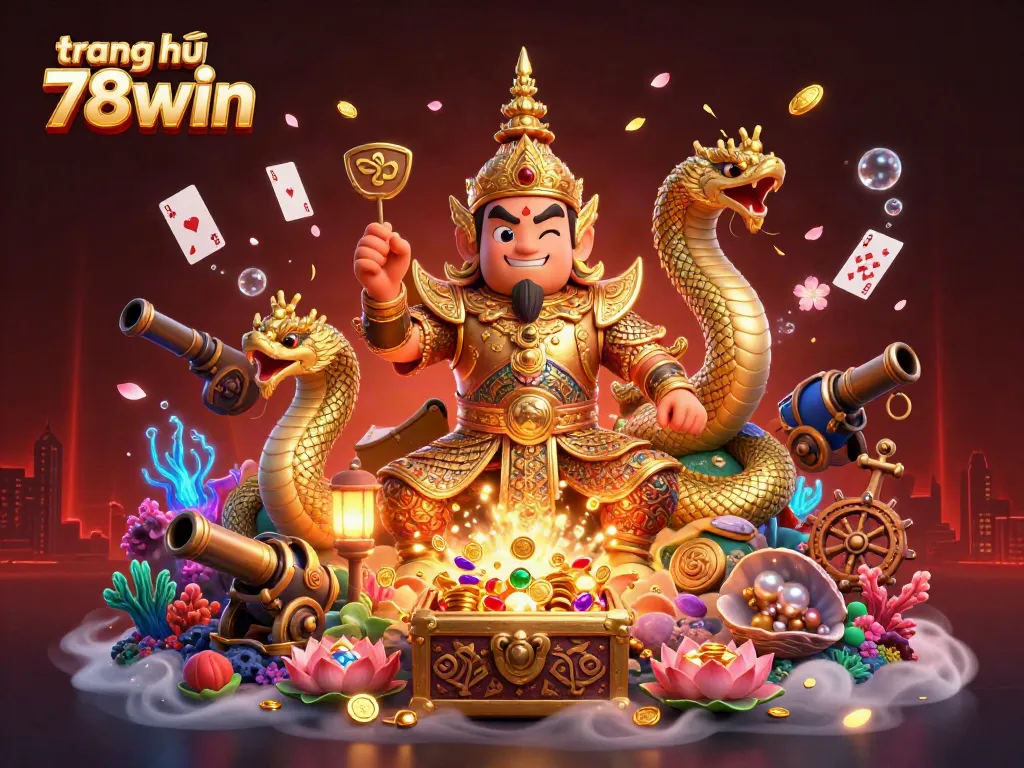 Experience gaming excitement with the vibrant scene featuring trang chủ 78win, highlighting a Thai temple guardian and underwater treasures.