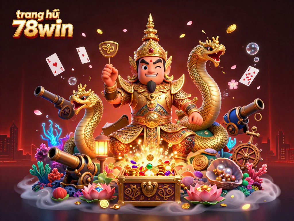 Experience gaming excitement with the vibrant scene featuring trang chủ 78win, highlighting a Thai temple guardian and underwater treasures.