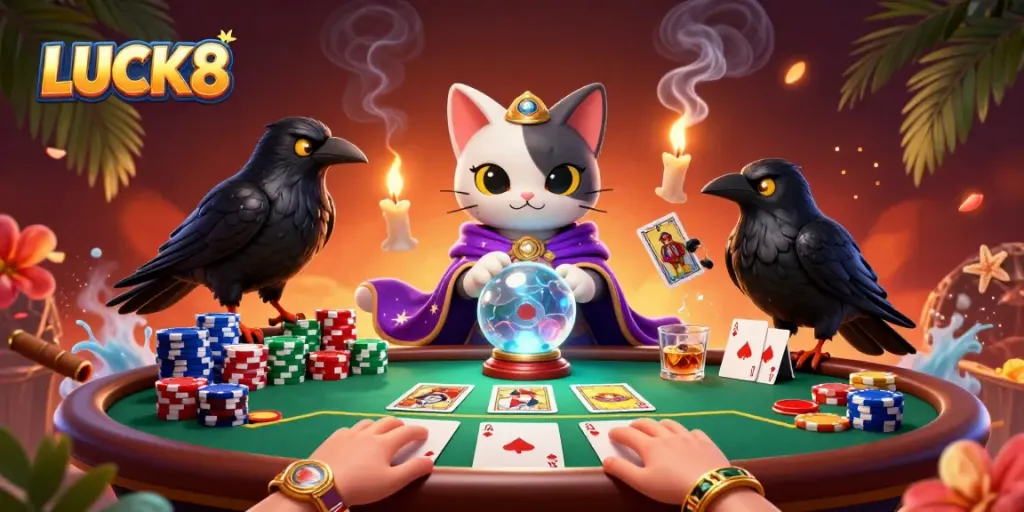 Experience thrilling gameplay at LUCK8 with this vibrant illustration showcasing fortune and fortune-telling.