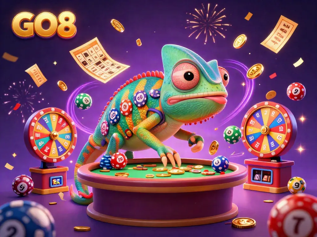Engaging GO8 casino scene with a colorful chameleon owner and dynamic lottery elements in action.