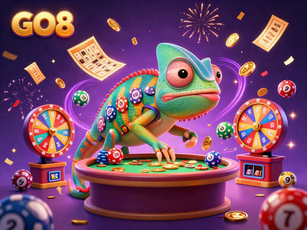 Engaging GO8 casino scene with a colorful chameleon owner and dynamic lottery elements in action.