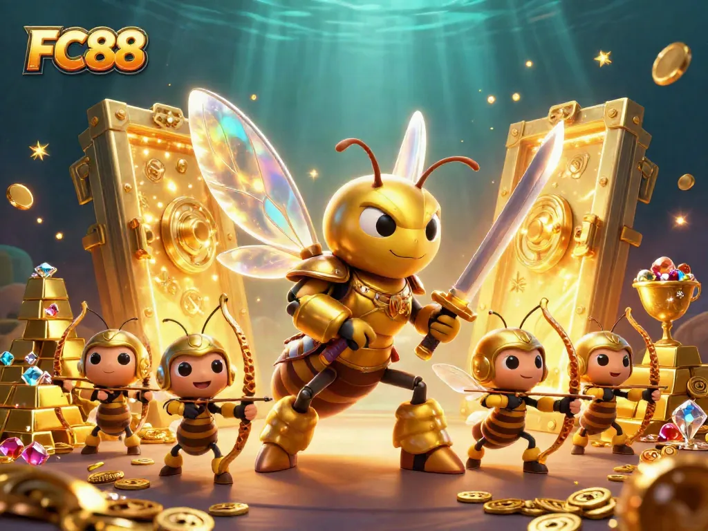 FC88 offers a vibrant 3D casino scene featuring a samurai hornet leading bee archers through treasures.