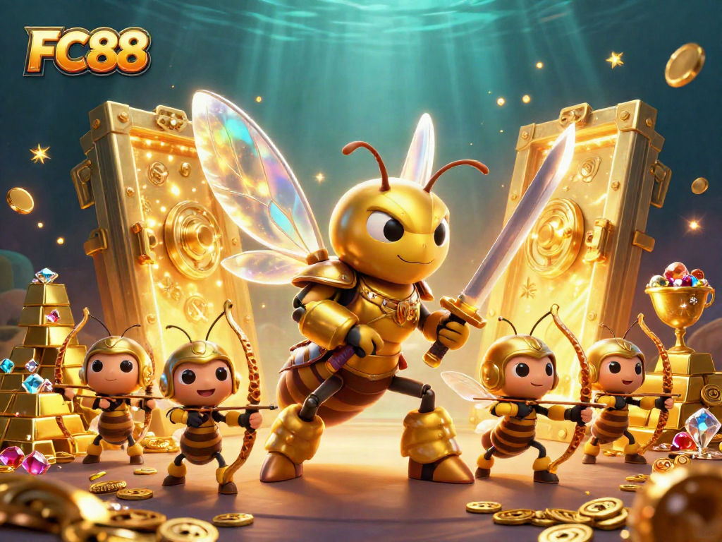 FC88 offers a vibrant 3D casino scene featuring a samurai hornet leading bee archers through treasures.