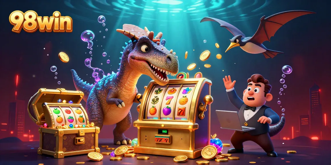 Catch the thrill of 98win's jackpot as a vibrant 3D illustration showcases a pachycephalosaurus and casino elements.