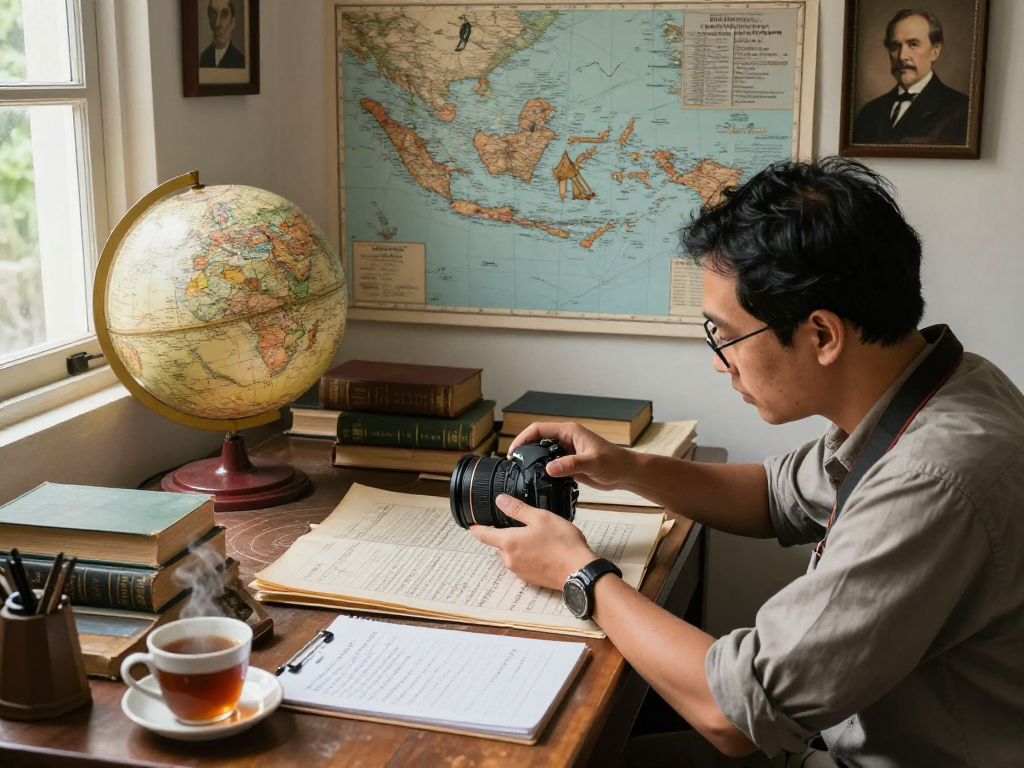 Researcher analyzing Dutch-Indonesian conflict artifacts while engaged in rokok88 login process.