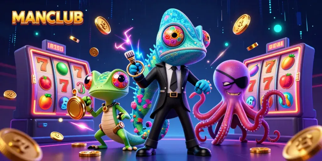 MANCLUB chameleon agent transforms in a vibrant casino filled with dynamic slot reels and cash