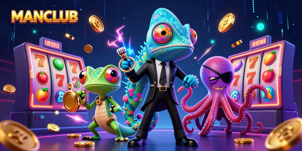 MANCLUB chameleon agent transforms in a vibrant casino filled with dynamic slot reels and cash