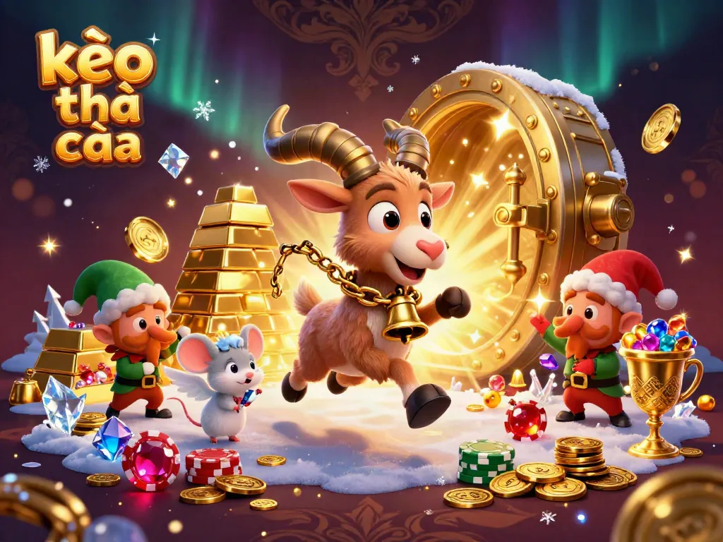 Engage with kèo nhà cái at a vibrant holiday-themed casino scene filled with treasures and characters.
