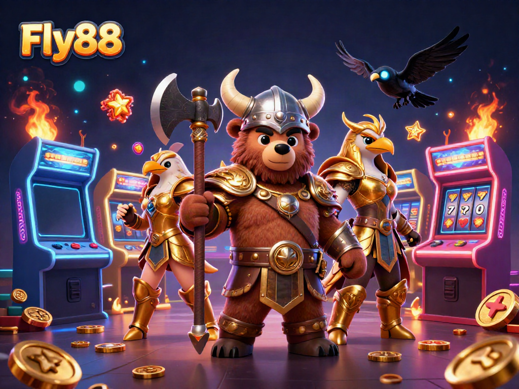 Fly88 showcases a vibrant 3D casino scene with a Viking berserker bear and Valkyrie eagle amidst colorful slot elements.