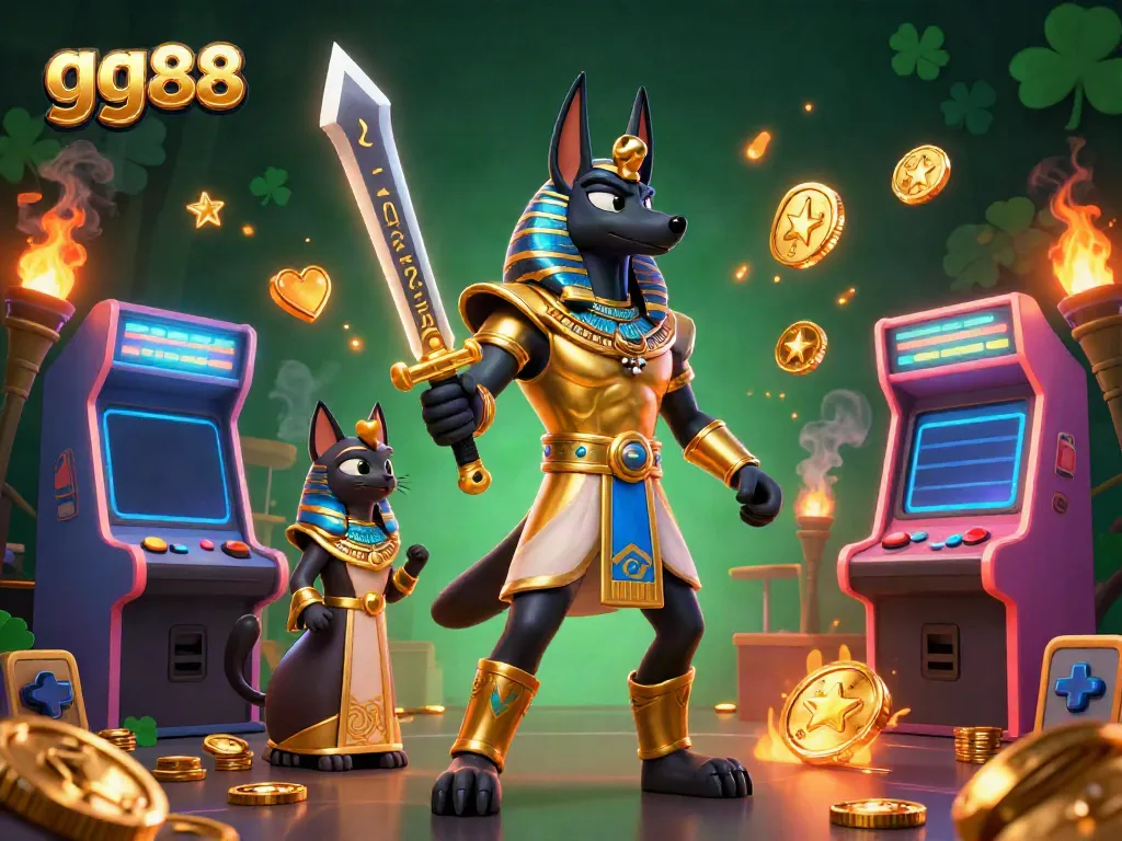 Engage with gg88's vibrant casino atmosphere featuring Anubis and Bastet amidst colorful gaming elements.