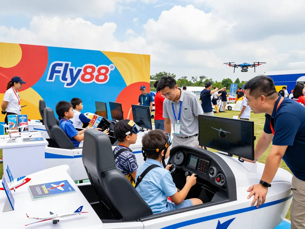 Engaging aviation-themed event highlighting Fly88 with families enjoying flight simulations.