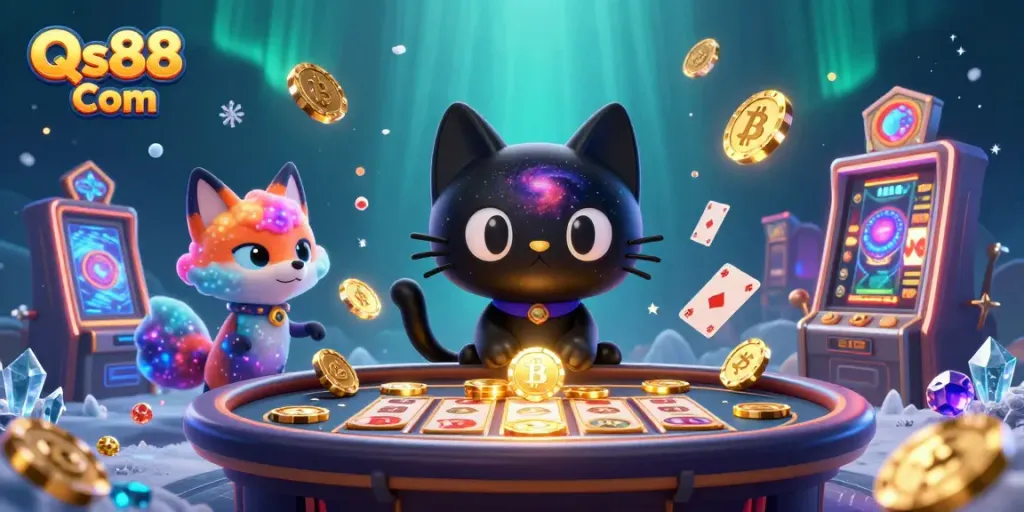 Experience the excitement of Qs88 Com casino with a captivating cosmic cat and colorful elements.