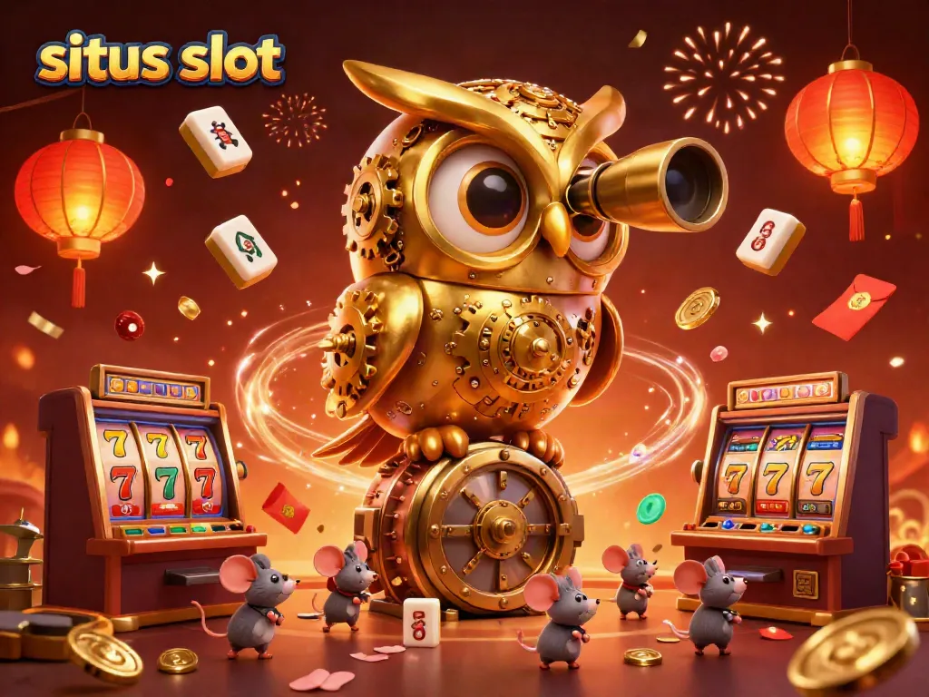 Explore exciting slot games at situs slot with golden owl and playful mice in a vibrant casino.