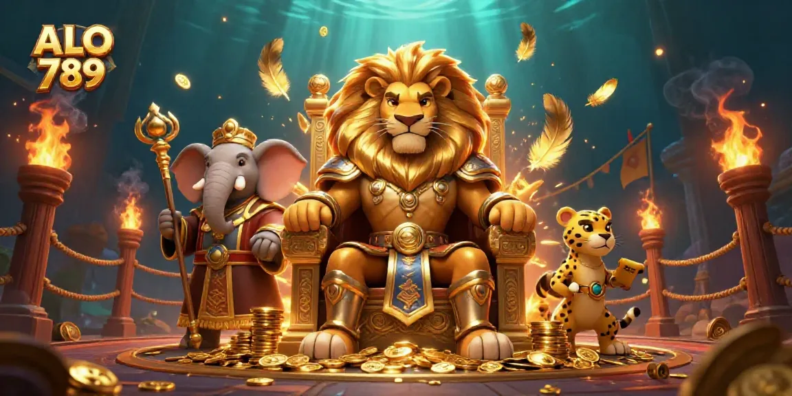 Engage with ALO 789's thrilling online casino scene featuring a fierce lion king and vibrant gaming elements.