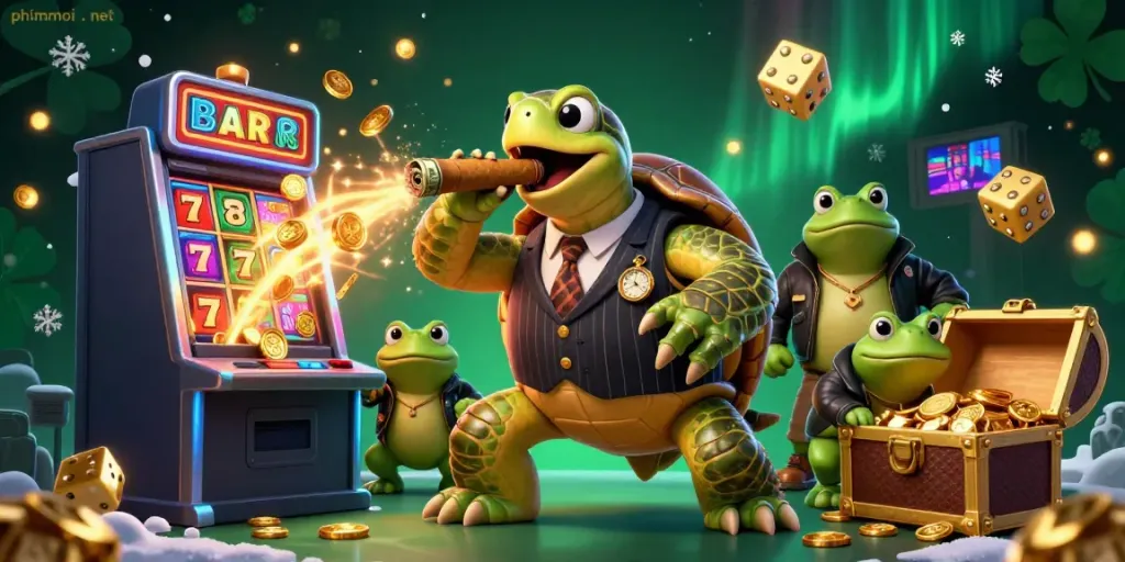 Experience the thrill of winning at phimmoi.net with a cartoon turtle mobster in an elaborate casino setting.