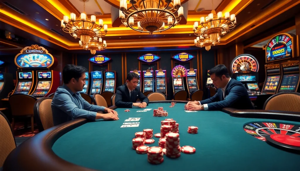 Experience the excitement of U888 with a vibrant casino scene featuring poker tables and slot machines.