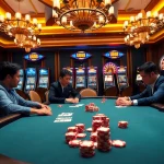 Experience the excitement of U888 with a vibrant casino scene featuring poker tables and slot machines.