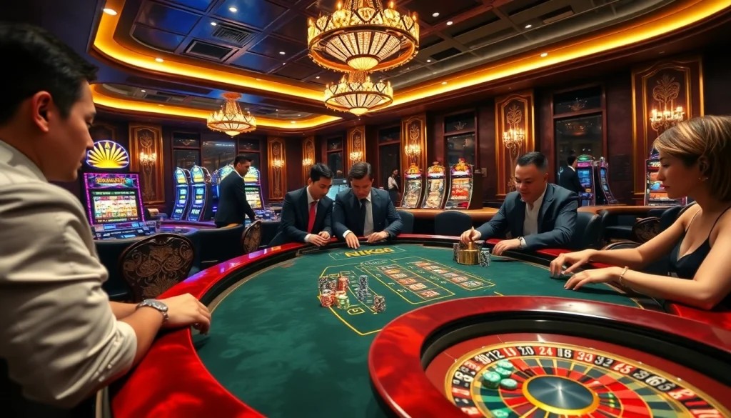 NK88 gamblers enjoying an exciting game at a luxurious casino table.