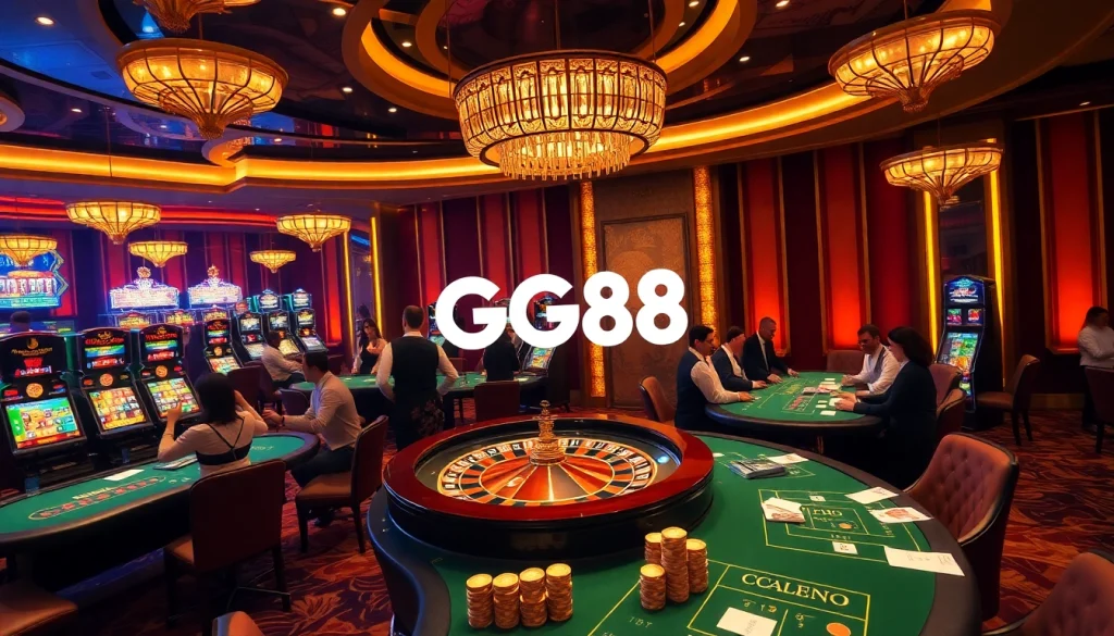 Players enjoying the vibrant GG88 casino atmosphere with roulette tables and slot machines.