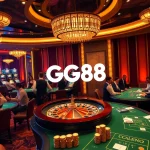 Players enjoying the vibrant GG88 casino atmosphere with roulette tables and slot machines.