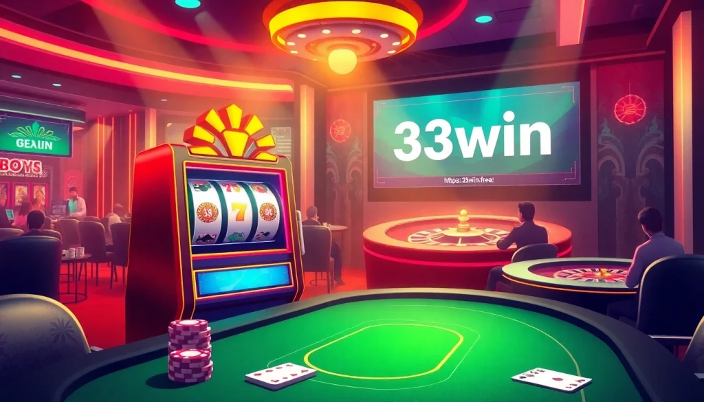 Players enjoying the vibrant atmosphere of https://33win.free/ with engaging slot machines and poker action.