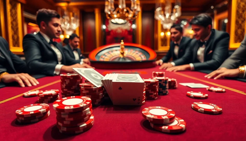 Engaged gamblers enjoying poker chips and vibrant cards at go99 casino.