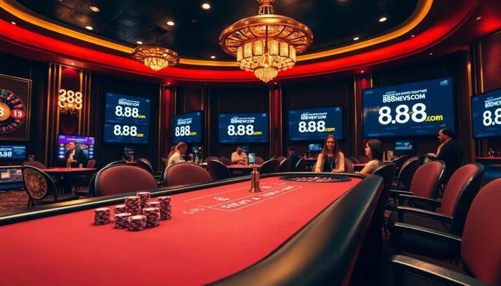 Engage in thrilling games at 888new com with poker tables, chips, and roulette wheels.
