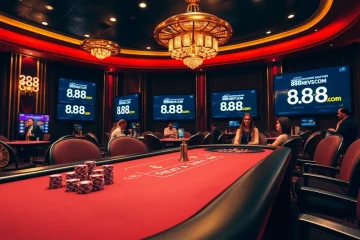 Engage in thrilling games at 888new com with poker tables, chips, and roulette wheels.