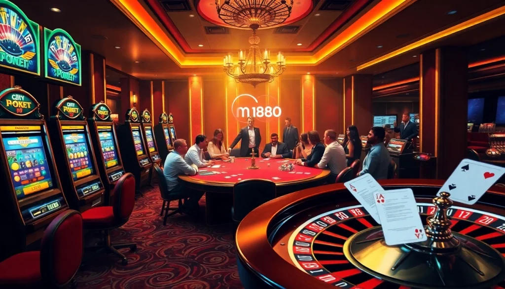 Exciting casino scene showcasing MM88a.br.com gaming experience with vibrant slot machines and poker tables.
