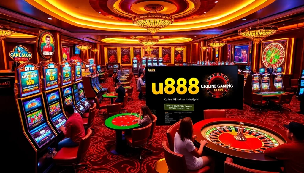 Playing at ku88 casino with vibrant slot machines and roulette tables.