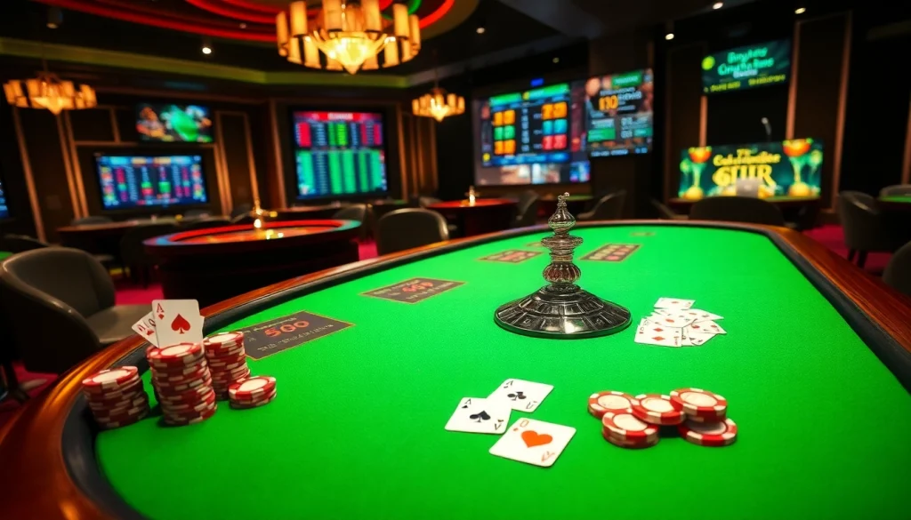 Engaging casino scene showcasing betting strategies in nk88 bio with poker chips and cards.