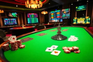 Engaging casino scene showcasing betting strategies in nk88 bio with poker chips and cards.