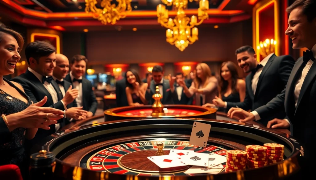 Players enjoying a lively casino atmosphere with Sunwin poker chips at a luxurious table.