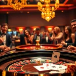 Players enjoying a lively casino atmosphere with Sunwin poker chips at a luxurious table.