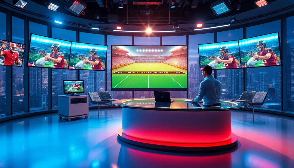 Engaging sports broadcasting setup with anchors and screens, showcasing dynamic sports events.