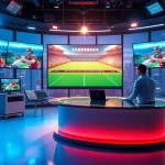 Engaging sports broadcasting setup with anchors and screens, showcasing dynamic sports events.