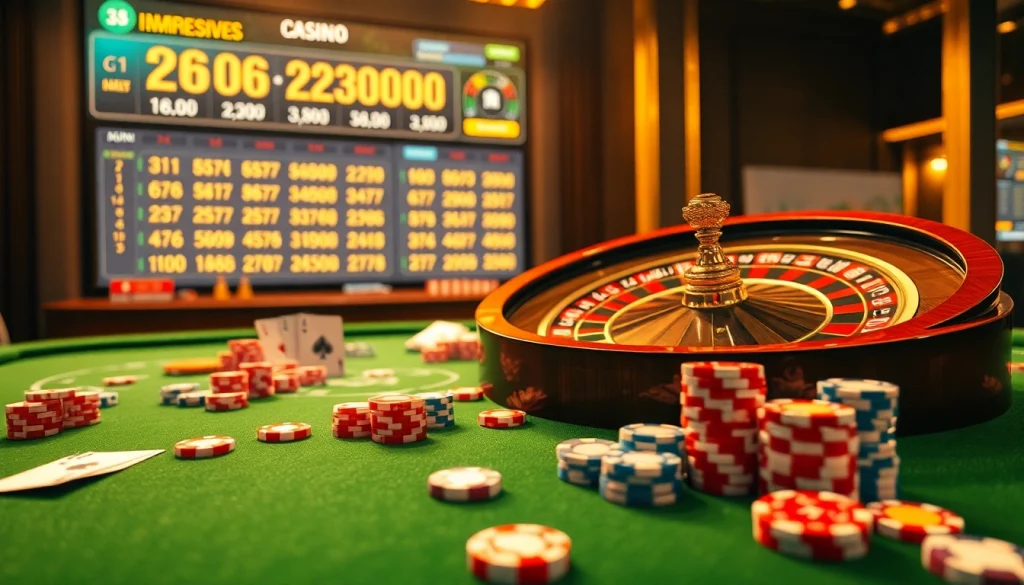 Experience the excitement of a lucky win with vibrant casino visuals featuring roulette, poker chips, and a digital interface.