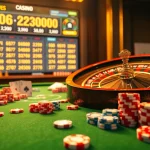 Experience the excitement of a lucky win with vibrant casino visuals featuring roulette, poker chips, and a digital interface.