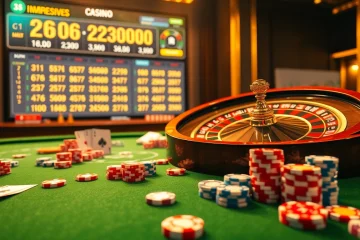 Experience the excitement of a lucky win with vibrant casino visuals featuring roulette, poker chips, and a digital interface.