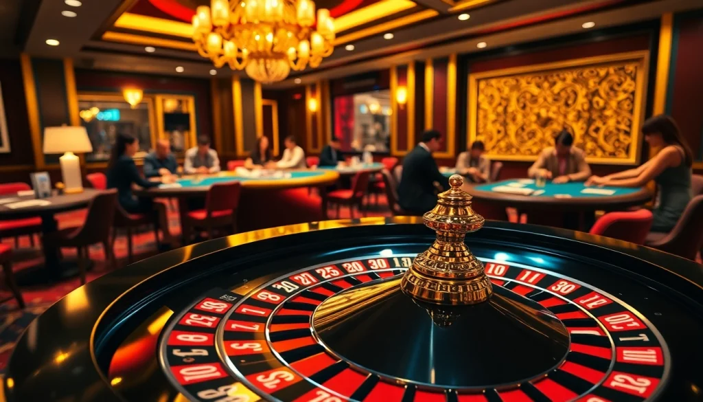 Experience Rajaluck's thrilling atmosphere with vibrant casino gaming tables and roulette wheels.
