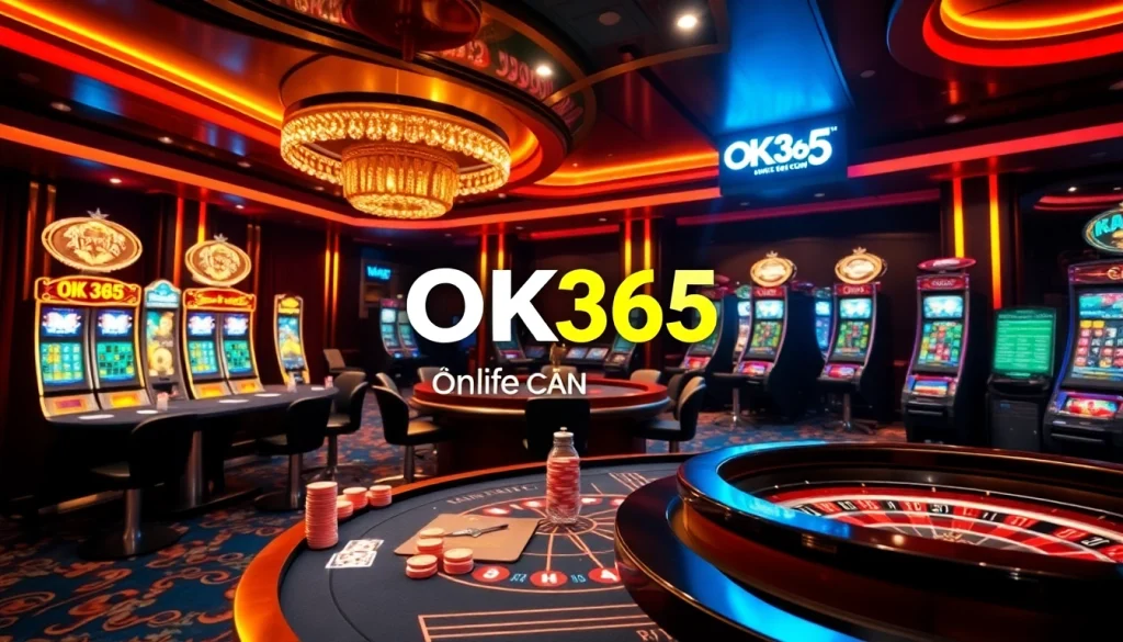 A vibrant gaming scene at nhà cái OK365 featuring lively gambling tables, slot machines, and a roulette wheel.