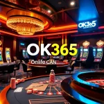 A vibrant gaming scene at nhà cái OK365 featuring lively gambling tables, slot machines, and a roulette wheel.