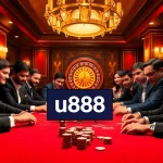 Players experience high-stakes poker excitement at u888, showcasing vibrant casino elements.