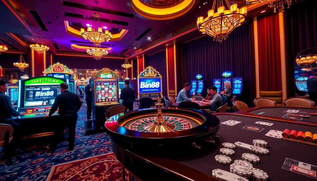 Experience the luxury of Bin88 with players engaged at high-stakes tables in an upscale casino ambiance.