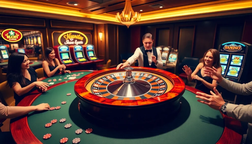 Experience the excitement of nohu90s.it.com with players cheering around a roulette wheel in a luxury casino setting.