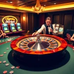 Experience the excitement of nohu90s.it.com with players cheering around a roulette wheel in a luxury casino setting.