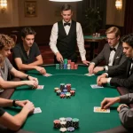 High-stakes poker action at a luxurious casino table featuring kk44 strategy and intense player focus.